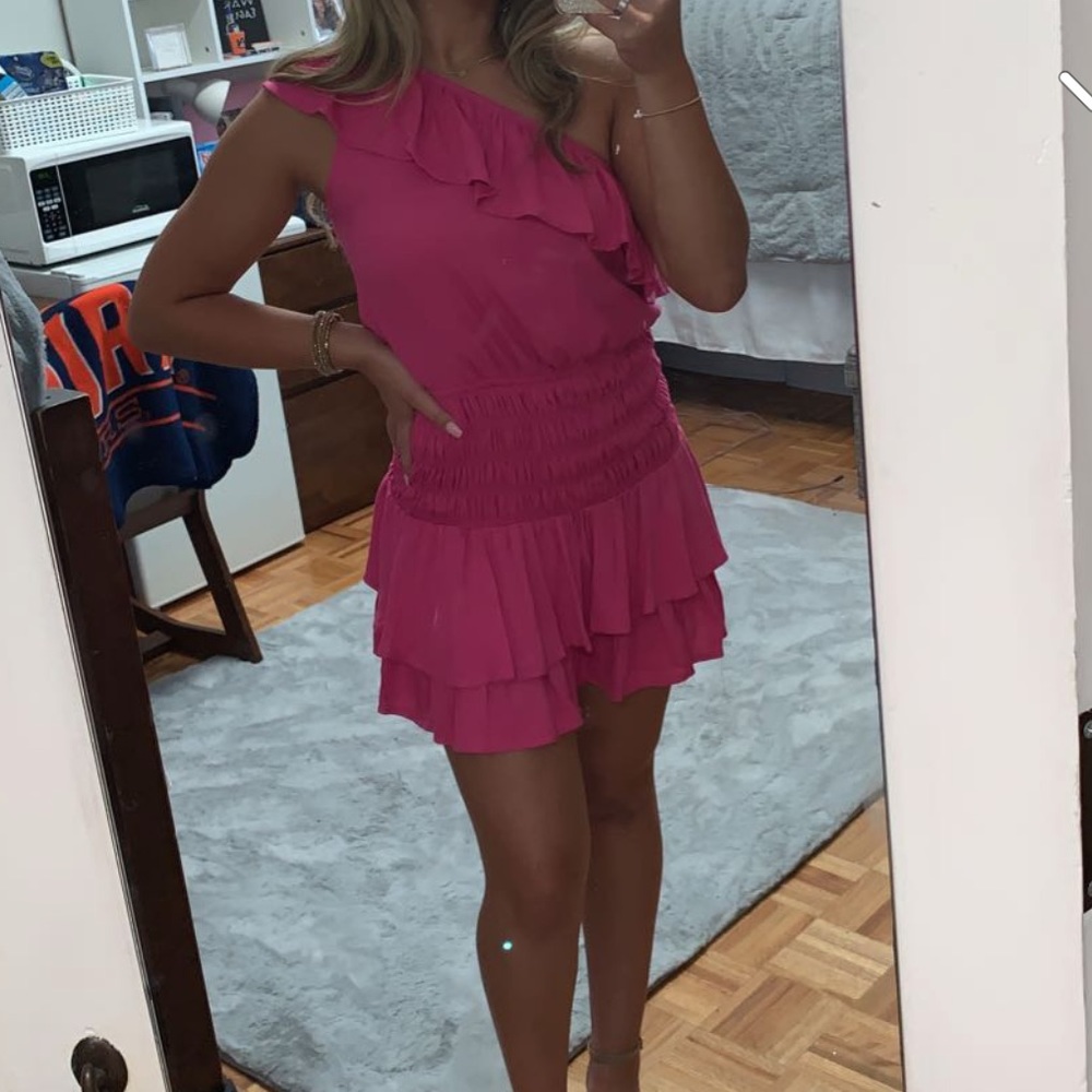 Pink one shoulder ruffle dress